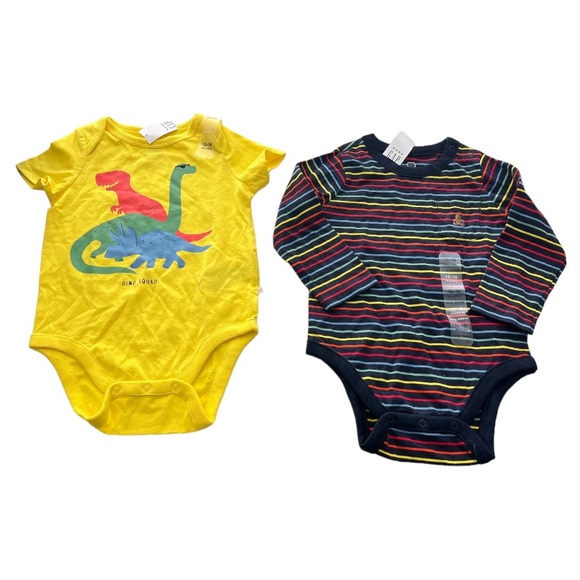 Gap 2 Bundle of Onesies Dinosaur Stripes Yellow Blue Size 12-18 Months - Picture 9 of 9